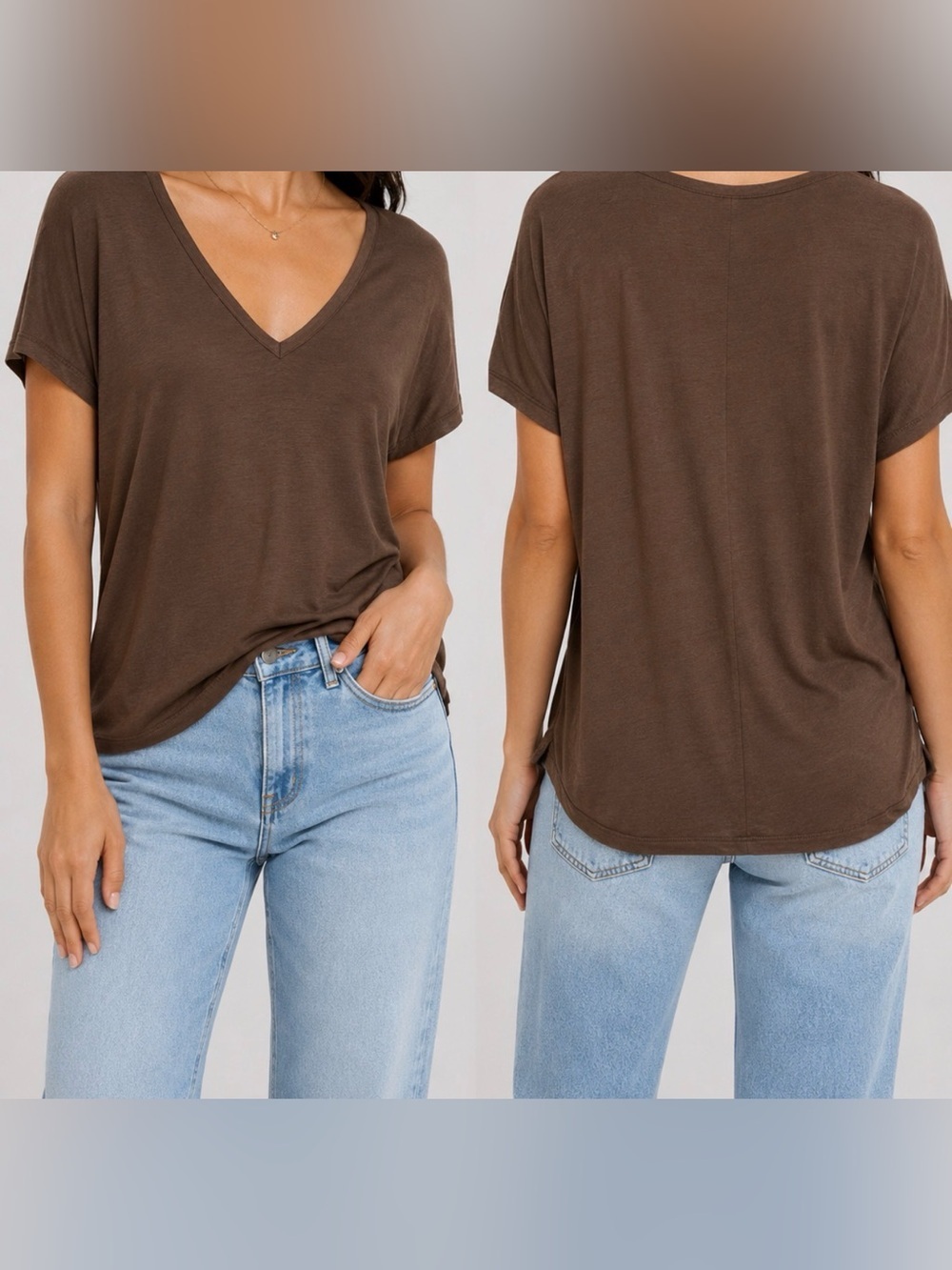 Vince Ear Brown Draped V-Neck Top Size Large NWT Silk Trim Soft Knit Tee